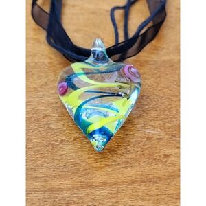 Hand Blown Murano ? Art Glass Heart Pendant Ribbon Necklace Floral Swirl Painted